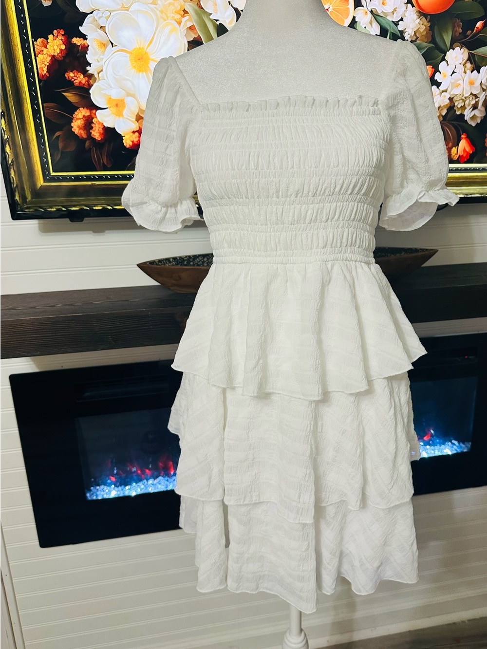 White Smocked Tiered Midi Dress with Puff Sleeves
